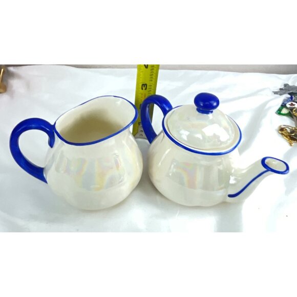 Vintage Lusterware Teapot and Creamer Set Iridescent White Cobalt Blue Trim Cera - Picture 6 of 6